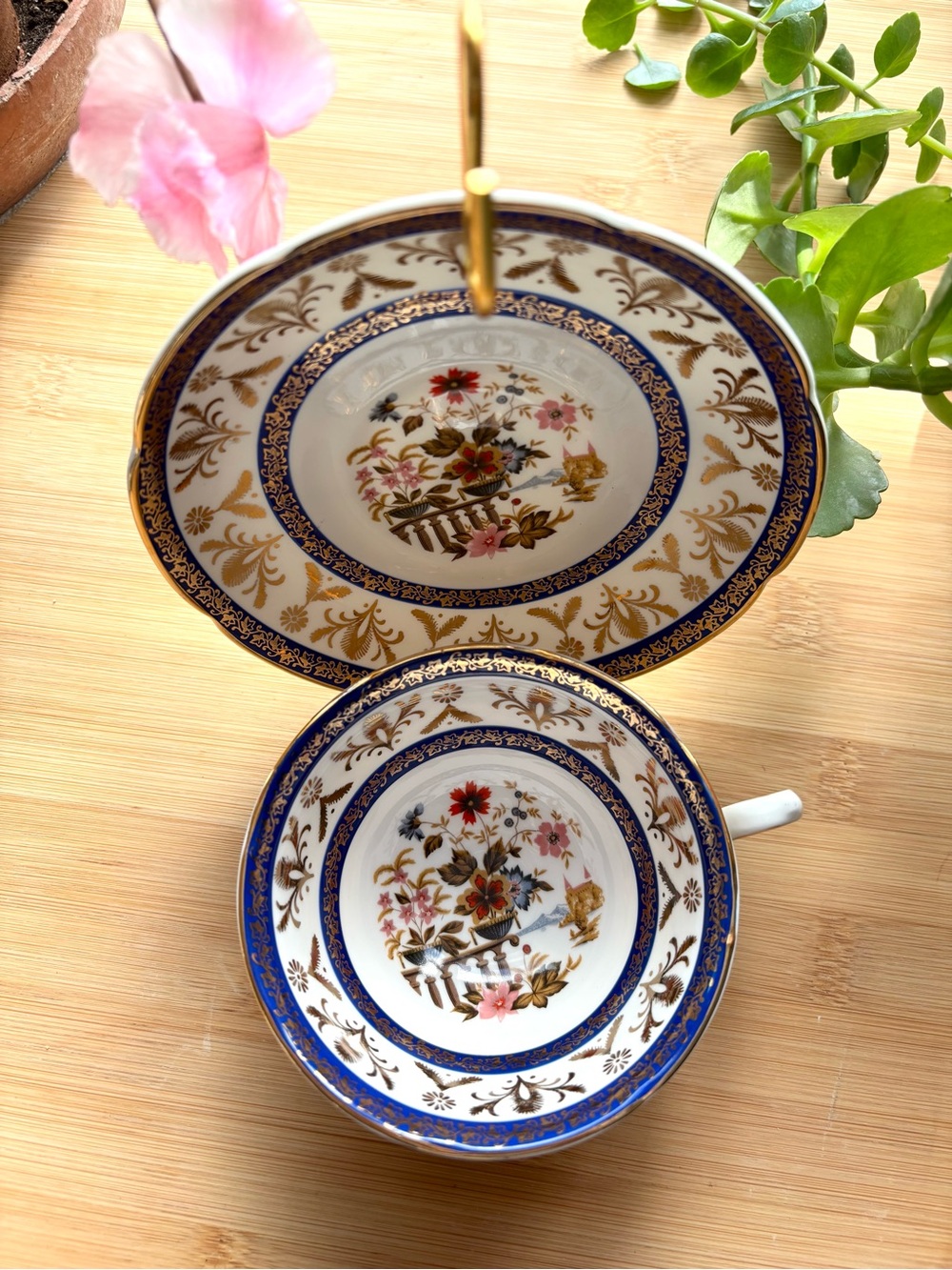 Vintage Royal Grafton Blue and Gold Floral Bone China Tea Cup and Saucer Set